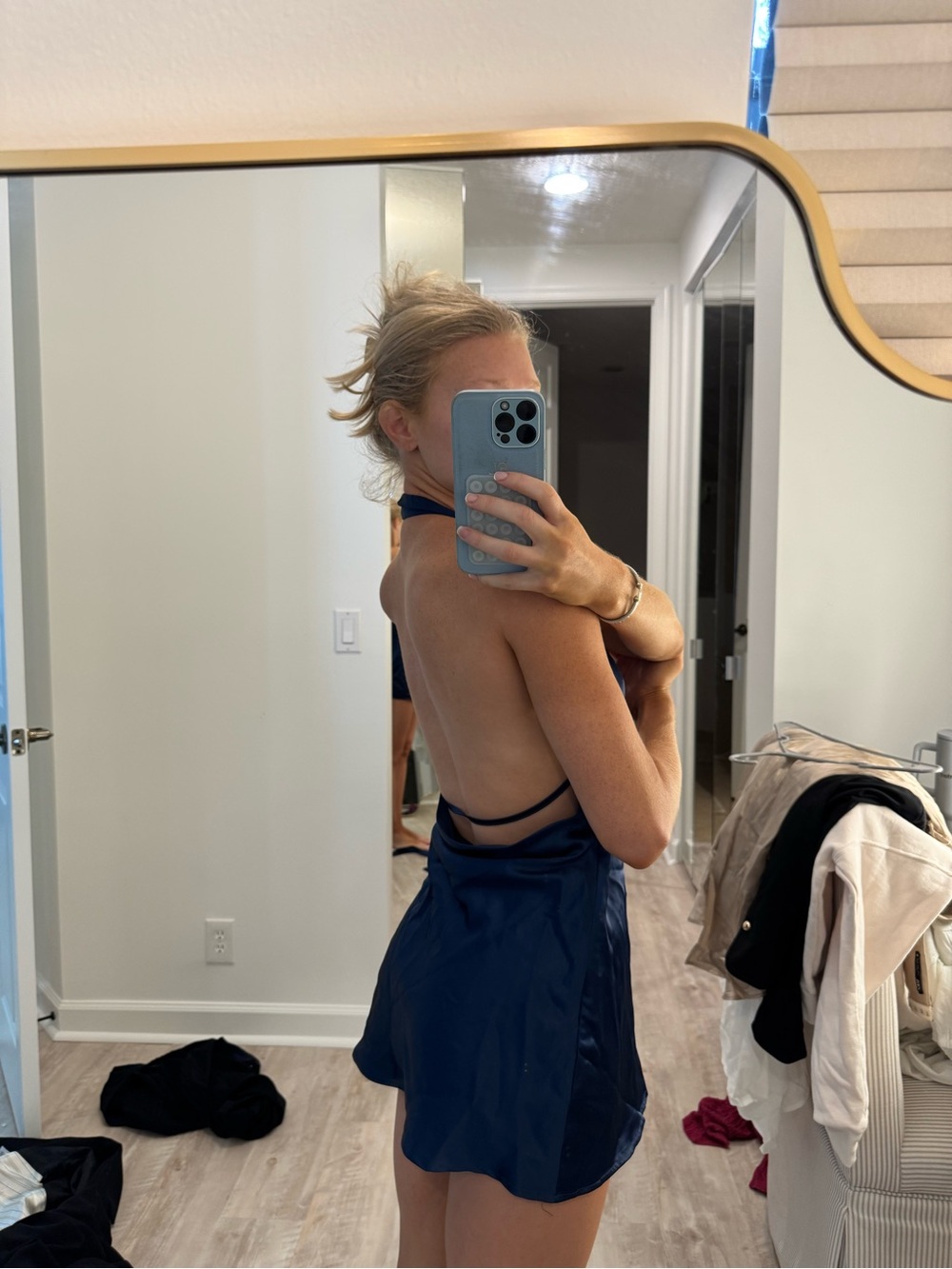 PEPPER MAYO Navy Halter Mini Dress with neck scarf Plunge V-Neck open back - Picture 2 of 5